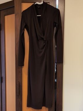 Ann Taylor Long-Sleeve Twist-Front Midi Dress in Brown